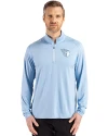 View image 1: Cleveland Guardians Monochromatic Cutter & Buck Coastline Recycled Double Peached Mens Quarter Zip Pullover Atlas Light Blue Front