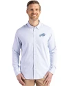 View image 4: Buffalo Bills Monochromatic Cutter & Buck Skyline Recycled Pinstripe Mens Big & Tall Long Sleeve Button Down  Dress Shirt Pale Blue/White Front