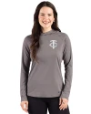 View image 4: Minnesota Twins Monochromatic Cutter & Buck Prospect Recycled  Featherlight Stretch Womens Hooded Pullover Elemental Grey Front
