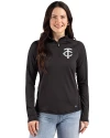 View image 4: Minnesota Twins Monochromatic Cutter & Buck Prospect Recycled Featherlight Stretch Womens Quarter Zip Black Front
