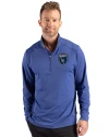 View image 7: San Jose Earthquakes Cutter & Buck Forge Recycled Four-Way Stretch Mens Quarter Zip Pullover Tour Blue Heather Front