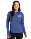 View image 10: New York Giants Historic Cutter & Buck Forge Recycled Four-Way Stretch Womens Quarter Zip Pullover Tour Blue Heather Front