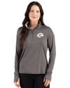 View image 4: Los Angeles Rams Monochromatic Cutter & Buck Forge Recycled Four-Way Stretch Womens Quarter Zip Pullover Dark Black Heather Front