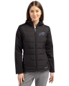Buffalo Bills Rivalries Cutter & Buck Evoke Epic Versatility Recycled Hybrid Softshell Womens Full Zip Hooded Jacket Black Front Thumbnail Image