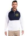 Michigan Wolverines 2026 NCAA Men's Basketball National Champions Cutter & Buck Adapt Recycled Soft Knit Stretch Mens Hybrid Quarter Zip Pullover  White/Navy Blue Front Thumbnail Image