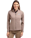 View image 10: Los Angeles Chargers Monochromatic Cutter & Buck Adapt Recycled Soft Knit Stretch Womens Heathered Full Zip Jacket Mushroom Heather Front