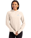 View image 16: Los Angeles Chargers Monochromatic Cutter & Buck Adapt Recycled Soft Knit Stretch Womens Hooded Pullover Wheat Heather Front