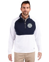 Ellsworth Cutter & Buck Adapt Recycled Soft Knit Stretch Mens Hybrid Quarter Zip Pullover  White/Navy Blue Front Thumbnail Image