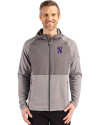 Northwestern Wildcats- Cutter & Buck Peshastin Recycled Grid Fleece Mens Hybrid Hooded Full Zip Jacket Elemental Grey Heather Front Thumbnail Image