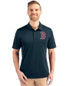 Boston Red Sox Cutter & Buck Prospect Eco Textured Stretch Recycled Mens Short Sleeve Polo Navy Blue Front Thumbnail Image