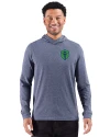 Seattle Sounders FC Cutter & Buck Adapt Recycled Soft Knit Stripe Mens Big & Tall Hooded Pullover Navy Blue Heather Front Thumbnail Image