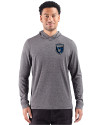 San Jose Earthquakes Cutter & Buck Adapt Recycled Soft Knit Stripe Mens Big & Tall Hooded Pullover Black Heather Front Thumbnail Image