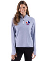 View image 4: Montreal Expos Cooperstown Cutter & Buck Adapt Recycled Soft Knit Stripe Womens Quarter Zip Pullover Tour Blue Heather/White Front