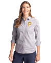 Pittsburgh Pirates Cutter & Buck Stretch Oxford Stripe Womens Long Sleeve Dress Shirt Charcoal Front Thumbnail Image