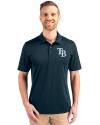 Tampa Bay Rays Cutter & Buck Prospect Eco Textured Stretch Recycled Mens Short Sleeve Polo Navy Blue Front Thumbnail Image