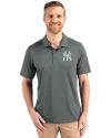 New York Yankees Cutter & Buck Prospect Eco Textured Stretch Recycled Mens Short Sleeve Polo Elemental Grey Front Thumbnail Image