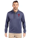 Philadelphia Phillies Cutter & Buck Stealth Heathered Quarter Zip Mens Pullover Liberty Navy Front Thumbnail Image