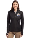 Pittsburgh Steelers Cutter & Buck Traverse Stretch Eco Quarter Zip Womens Pullover Black Front Thumbnail Image