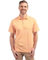 Front profile of a man wearing an Orange Burst Cutter & Buck Virtue Eco Pique Stripe Recycled Mens Polo Thumbnail Image