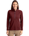 Front profile of a woman wearing a Bordeaux Cutter & Buck Adapt Eco Knit Stretch Recycled Womens Half Zip Pullover Thumbnail Image