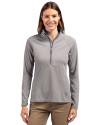 Front profile of a woman wearing a Polished Cutter & Buck Adapt Eco Knit Stretch Recycled Womens Half Zip Pullover Thumbnail Image