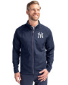 New York Yankees Cutter & Buck Adapt Eco Knit Hybrid Recycled Mens Full Zip Jacket Navy Blue Front Thumbnail Image