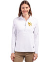 San Diego Padres Cutter & Buck Adapt Eco Knit Stretch Recycled Womens Half Zip Pullover White Front Thumbnail Image