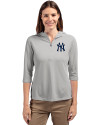 View image 4: New York Yankees Cutter & Buck Virtue Recycled Featherlight Pique Womens Half Zip Hooded Pullover Polished Medium Gray Front