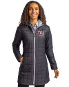 New York Giants Cutter & Buck Rainier PrimaLoft®  Womens Eco Insulated Hooded Long Coat Black Front Thumbnail Image