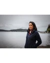 Model Wearing Cozy and Warm Cutter & Buck Cascade Eco Sherpa Womens Fleece Pullover Jacket in Navy Blue Color Thumbnail Image