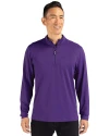 Front profile view of a man wearing a College Purple Cutter & Buck Virtue Eco Pique Recycled Quarter Zip Mens Big & Tall Pullover Thumbnail Image