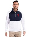 Philadelphia Phillies Cutter & Buck Adapt Eco Knit Hybrid Recycled Mens Quarter Zip White/Navy Blue Front Thumbnail Image