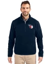 View image 1: Cleveland Guardians Cutter & Buck Cascade Epic Comfort Recycled Sherpa Fleece Mens Big & Tall Quarter Zip Jacket Navy Blue Front