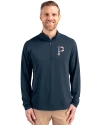 Pittsburgh Pirates Stars & Stripes Cutter & Buck Virtue Eco Pique Recycled Quarter Zip Mens Pullover Navy Blue Front Thumbnail Image