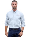 San Francisco 49ers Americana Cutter & Buck Stretch Oxford Stripe Mens Big and Tall Long Sleeve Dress Shirt Light Blue Front Thumbnail Image