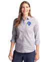 Los Angeles Rams Historic Cutter & Buck Stretch Oxford Stripe Womens Long Sleeve Dress Shirt Charcoal Front Thumbnail Image