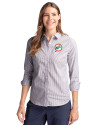 Miami Dolphins Historic Cutter & Buck Stretch Oxford Stripe Womens Long Sleeve Dress Shirt Charcoal Front Thumbnail Image