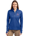 New England Patriots Historic Cutter & Buck Traverse Stretch Eco Quarter Zip Womens Pullover Tour Blue Front Thumbnail Image