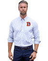 Denver Broncos Historic Cutter & Buck Stretch Oxford Stripe Mens Long Sleeve Dress Shirt French Blue Front Thumbnail Image