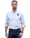 Indianapolis Colts Historic Cutter & Buck Stretch Oxford Stripe Mens Long Sleeve Dress Shirt French Blue Front Thumbnail Image