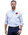 Buffalo Bills Historic Cutter & Buck Stretch Oxford Stripe Mens Big and Tall Long Sleeve Dress Shirt French Blue Front Thumbnail Image