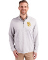 View image 1: San Diego Padres Cutter & Buck Virtue Recycled Micro Stripe Featherlight Pique Mens Quarter Zip Pullover Polished/White Front