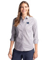 Michigan Wolverines College Vault Cutter & Buck Stretch Oxford Stripe Womens Long Sleeve Dress Shirt Charcoal Front Thumbnail Image