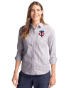 Minnesota Twins Cutter & Buck Stretch Oxford Stripe Womens Long Sleeve Dress Shirt Charcoal Front Thumbnail Image