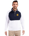 View image 10: ETSU Buccaneers Cutter & Buck Adapt Recycled Soft Knit Stretch Mens Hybrid Quarter Zip Pullover  White/Navy Blue Front