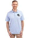 View image 1: Carolina Panthers NFL Helmet Cutter & Buck Virtue Recycled Botanical Print Featherlight Pique Mens  Polo Atlas Light Blue Front