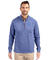 View image 7: Los Angeles Rams Historic Cutter & Buck Adapt Recycled Soft Knit Stretch Mens Heathered Quarter Zip Pullover  Tour Blue Heather Front