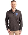 View image 1: Los Angeles Rams Historic Cutter & Buck Virtue Recycled Micro Stripe Featherlight Pique Mens Big & Tall Quarter Zip Pullover Black/Elemental Grey Front