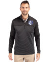 View image 1: Saint Louis Billikens Cutter & Buck Traverse Recycled Smooth Stretch Mens Stripe Quarter Zip Pullover Black Front
