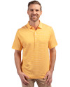 Front profile view of a man wearing a College Gold and White Cutter & Buck Forge Eco Double Stripe Stretch Recycled Mens Polo Thumbnail Image
